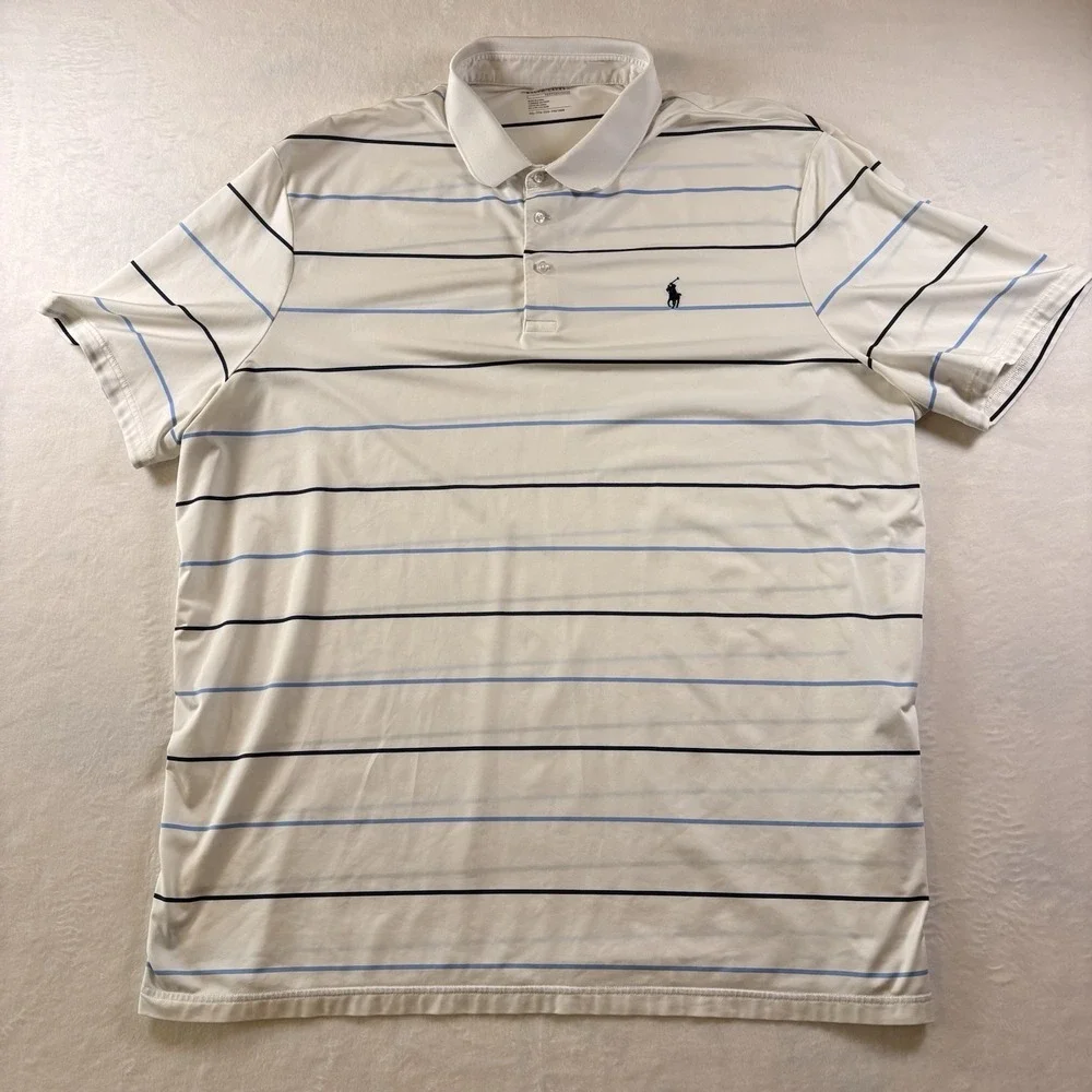 Polo Ralph Lauren White Blue Stripe Classic Fit Performance Shirt XXL Breathable